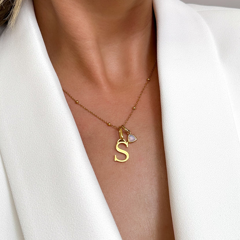 Personalized Initial & Droplet Birthstone Necklace (Gold)