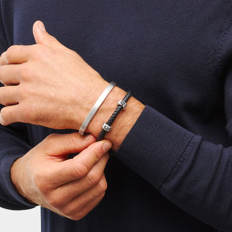 Men's Black Bonded Leather Bracelet (Silver)