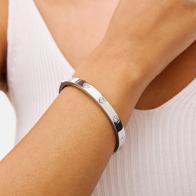 Statement Crystal Heart Bangle (Silver)