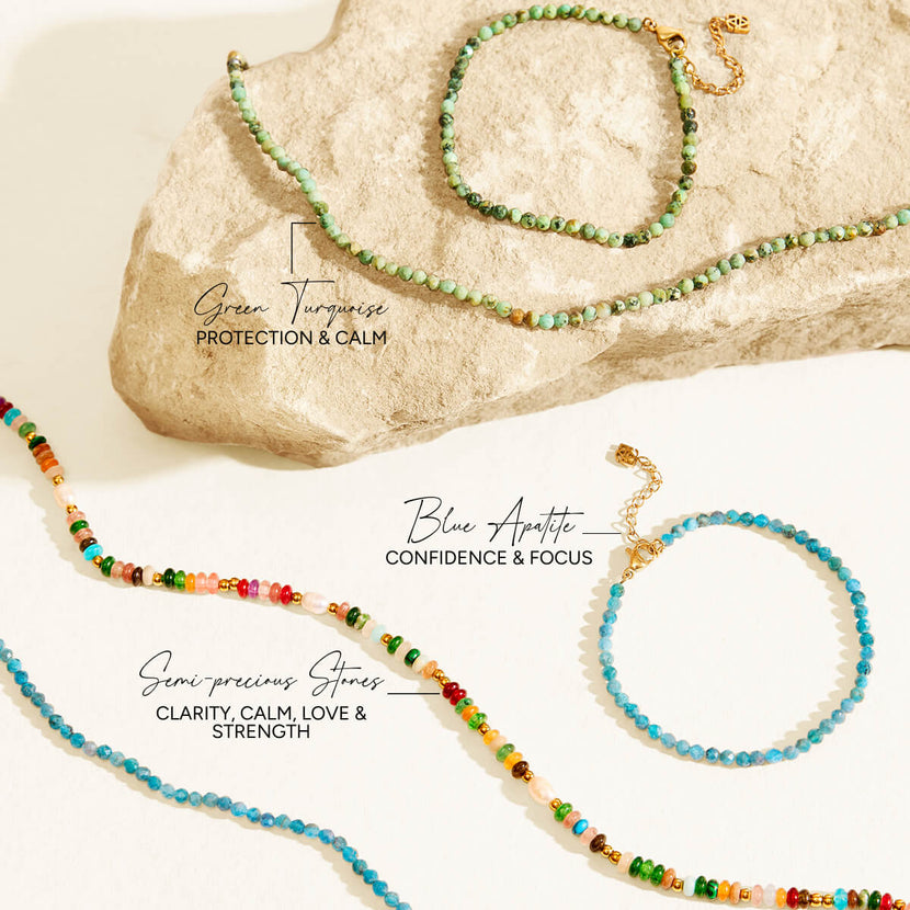 Blue Apatite Beaded Necklace (Gold)