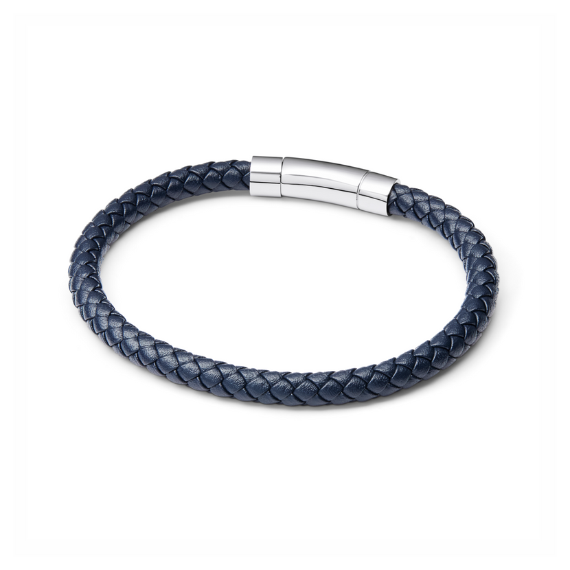 Men's Navy Leather Bracelet (Silver).