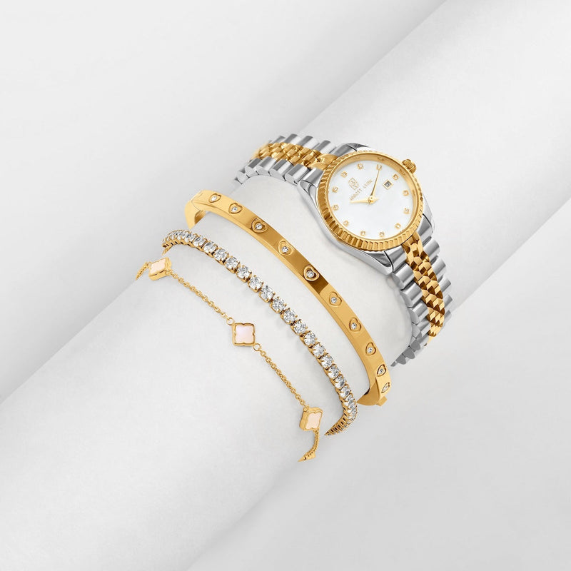 Belgravia Pearl Watch 30 & Crystal Bracelet Set (Gold)