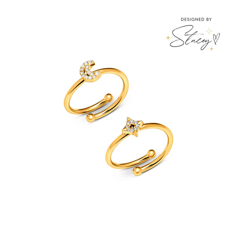 Moon and Back Moon and Star Ring Set (Gold)