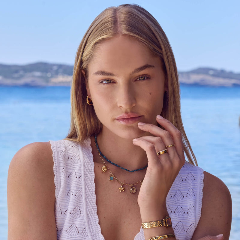 Blue Apatite Beaded Necklace (Gold)