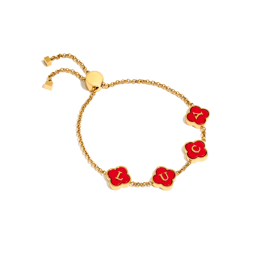 Red Custom Clover Name Bracelet (Gold)