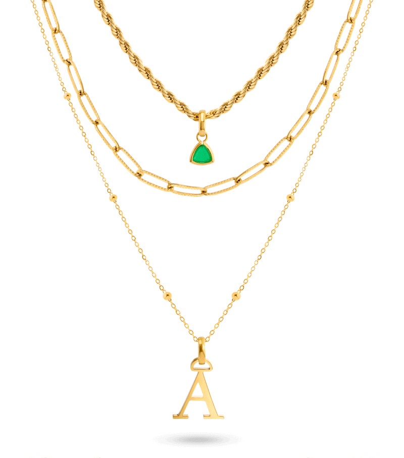 Initial & Droplet Birthstone Layered Necklace Set (Gold)