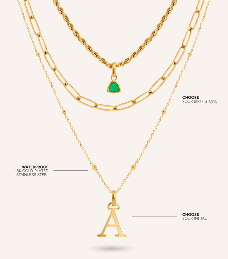 Initial & Droplet Birthstone Layered Necklace Set (Gold)