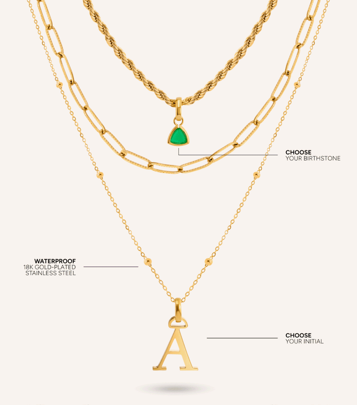 Initial & Droplet Birthstone Layered Necklace Set (Gold)
