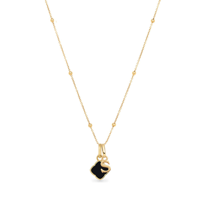 Black Enamel Clover & Initial Necklace (Gold)