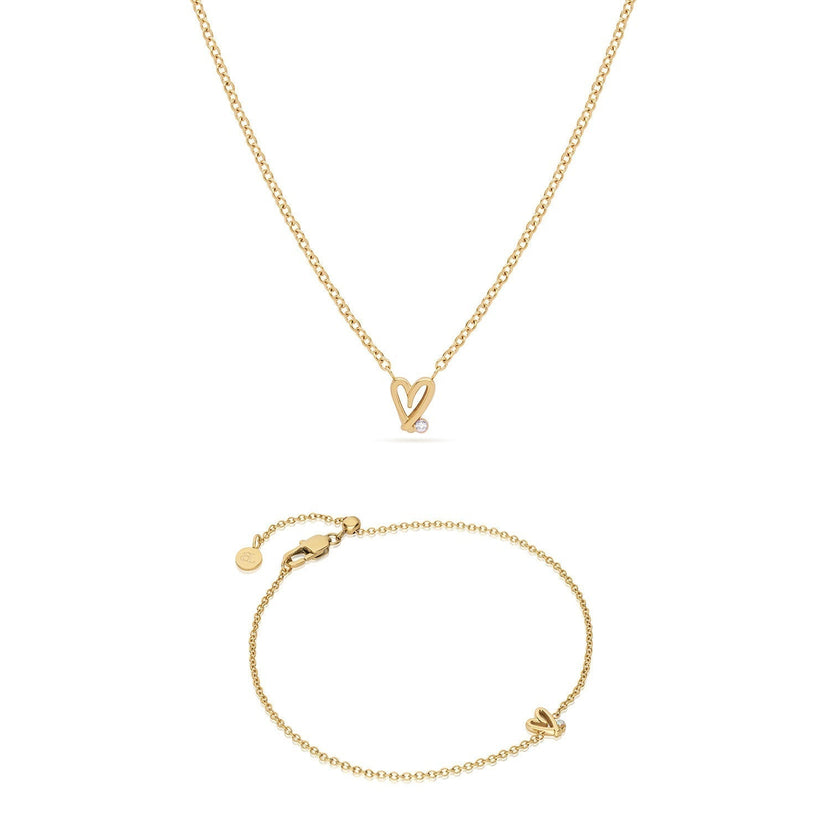 Stories Doodle Heart Bracelet & Necklace Set (Gold)
