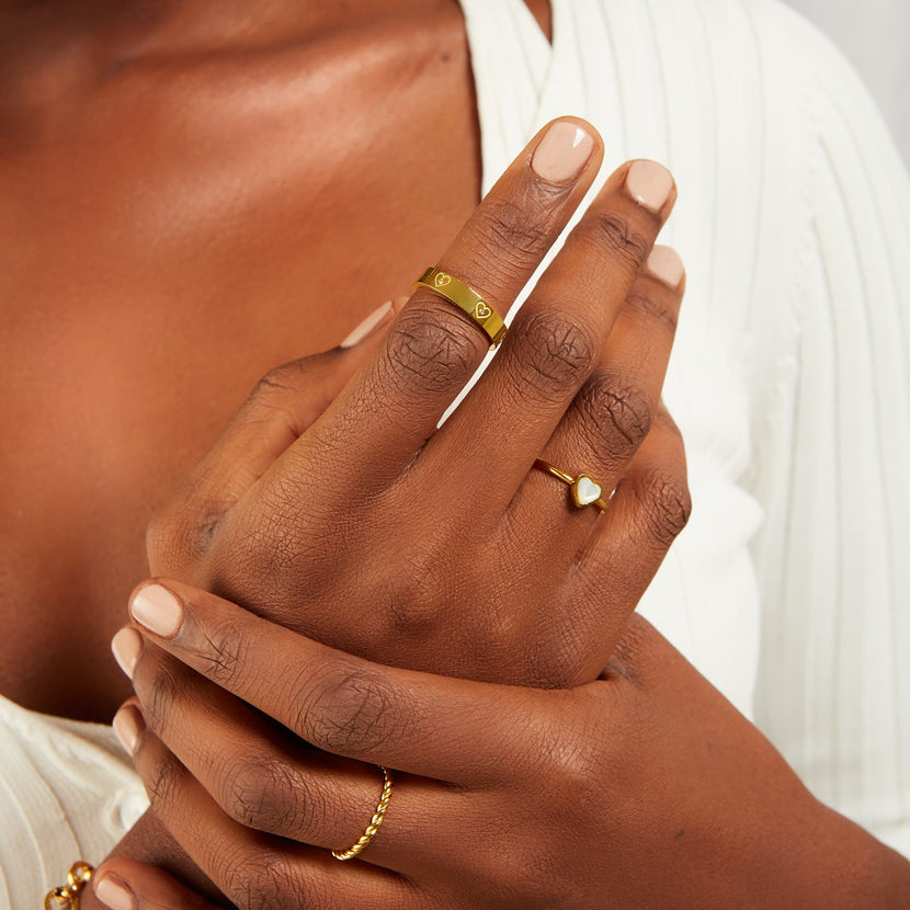 Crystal Heart & Pearl Clover Ring Set (Gold)