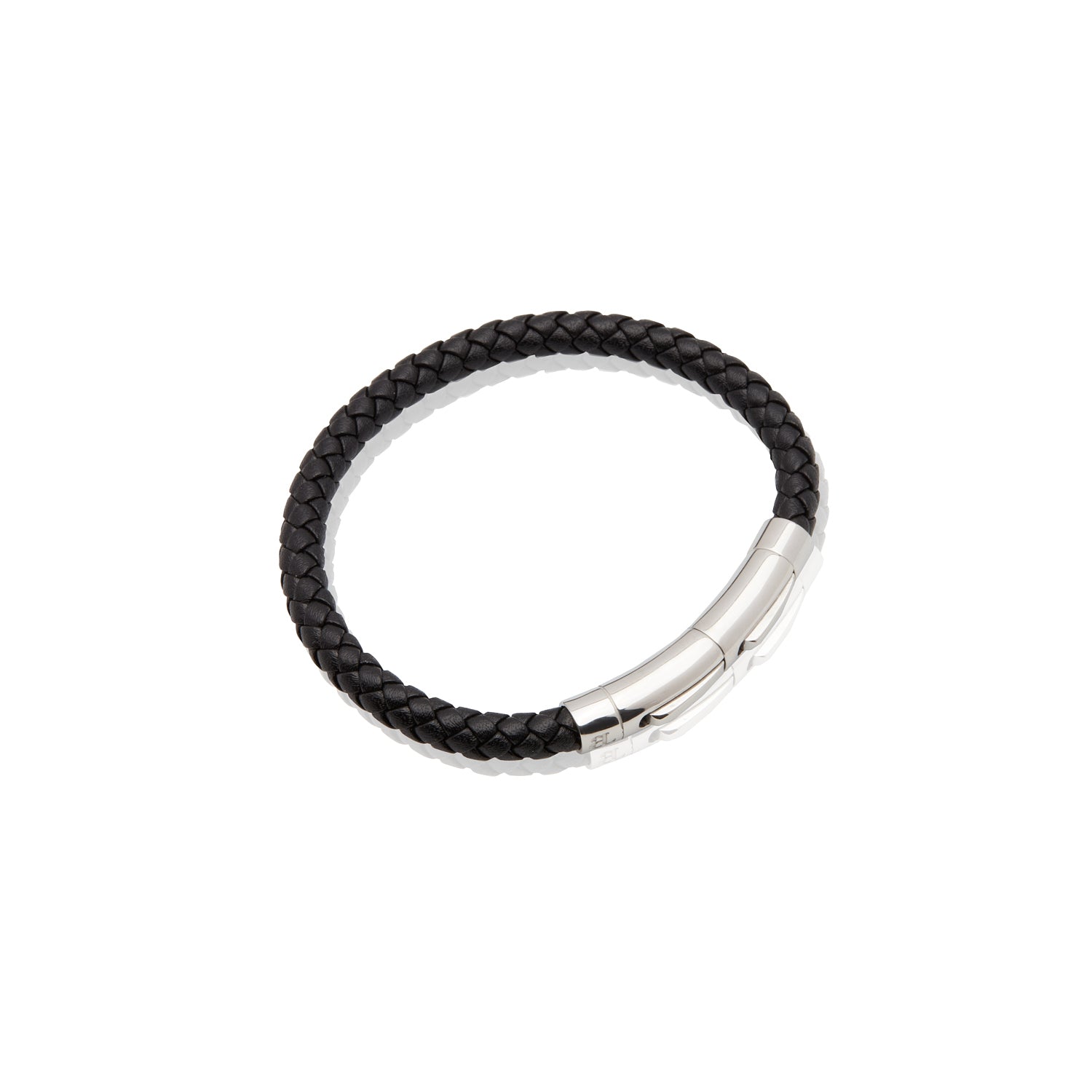 Mens Black Leather Bracelet - Silver - Large (22cm)