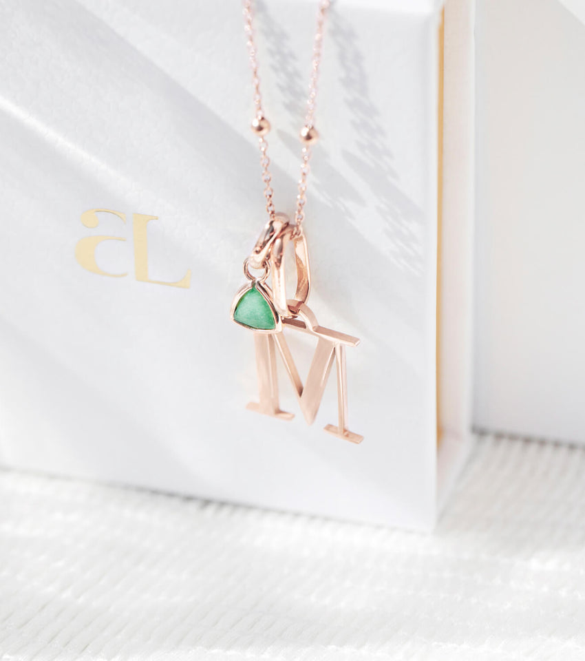 Personalized Initial & Droplet Birthstone Necklace (Rose Gold)