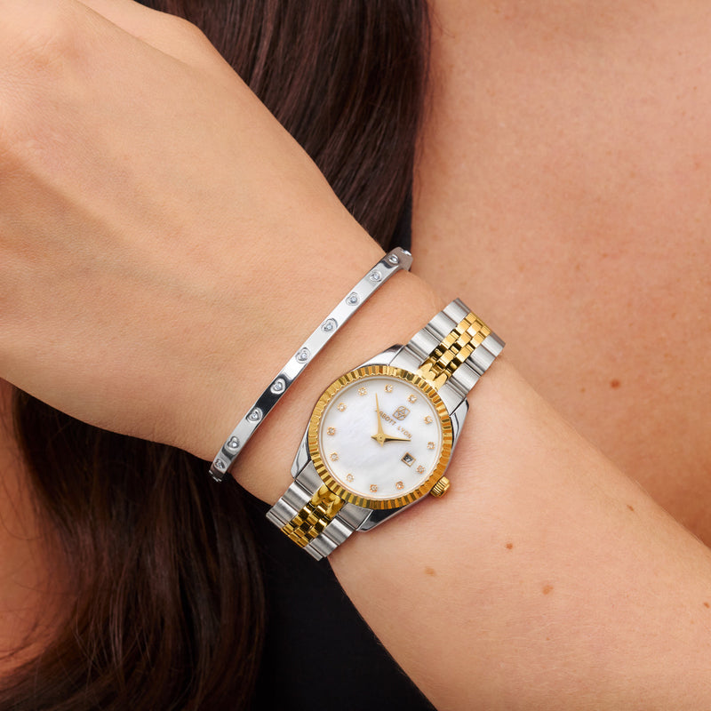 Pearl Belgravia & Crystal Heart Bangle Set (Silver)