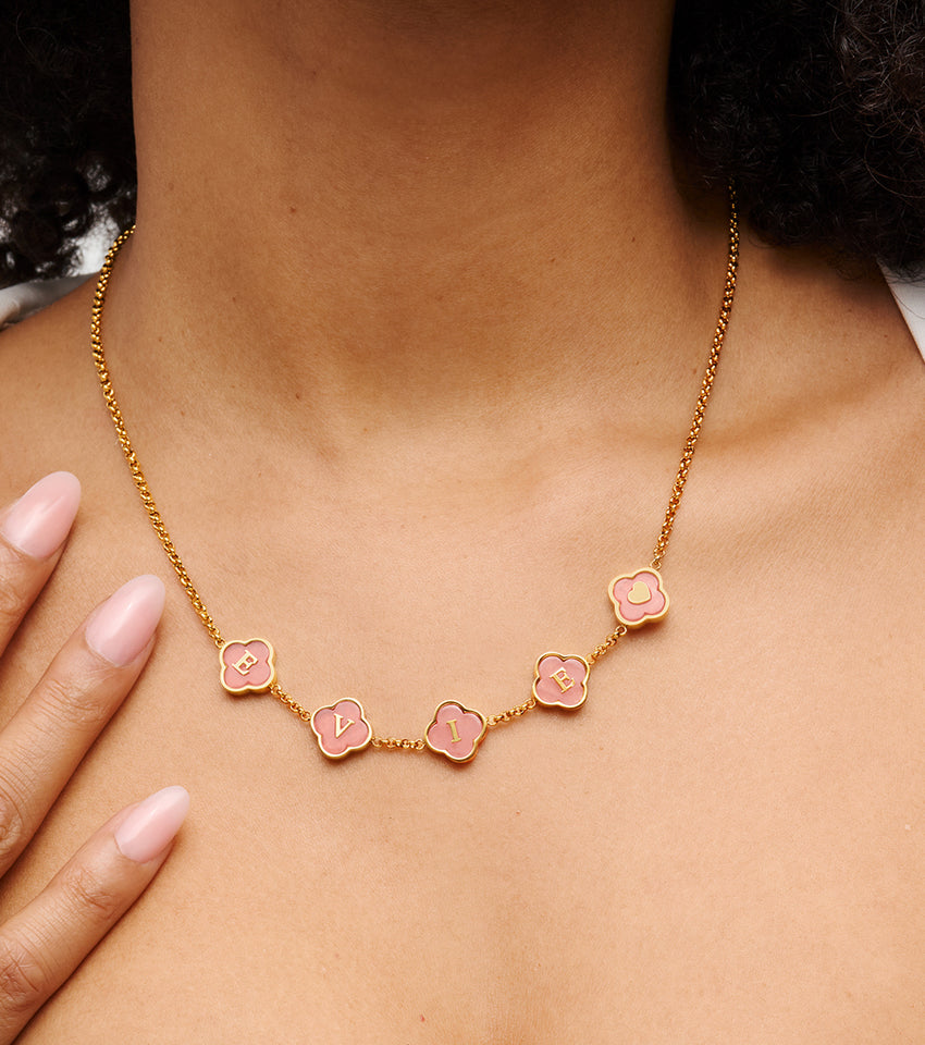 Rose Quartz Clover Custom Name Necklace (Gold)