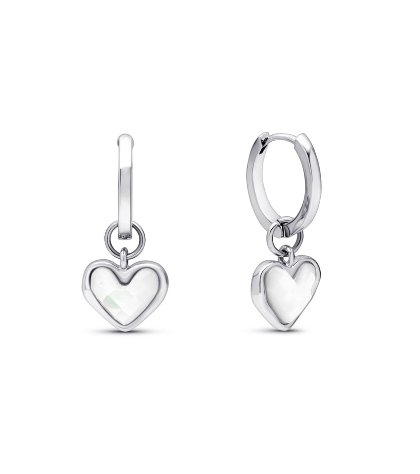 White Quartz Heart Huggie Earrings (Silver)