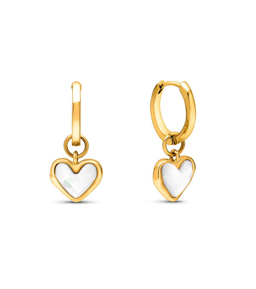 White Quartz Heart Huggie Earrings (Gold)