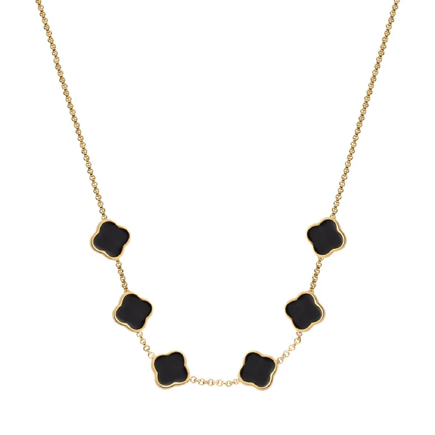 Black Enamel Clover Custom Name Necklace (Gold)