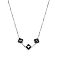 Black Enamel Clover Custom Name Necklace (Silver)