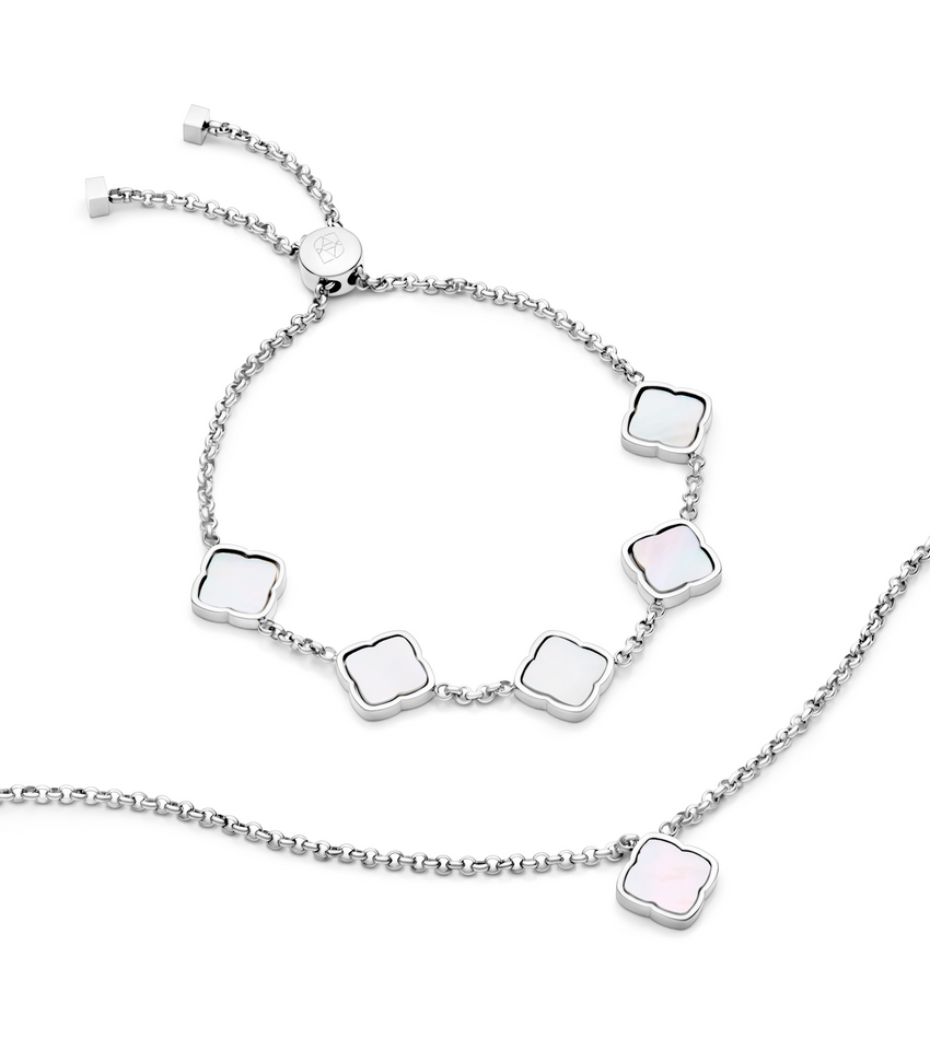 Pearl Clover Necklace & Bracelet Set (Silver)