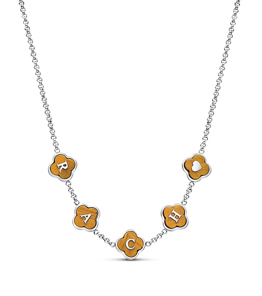 Tigers Eye Clover Custom Name Necklace (Silver)