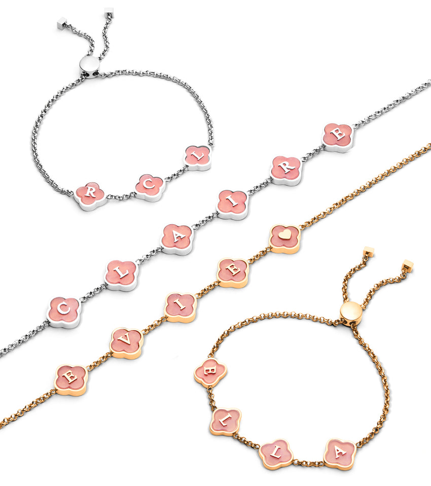 Rose Quartz Clover Custom Name Necklace (Gold)