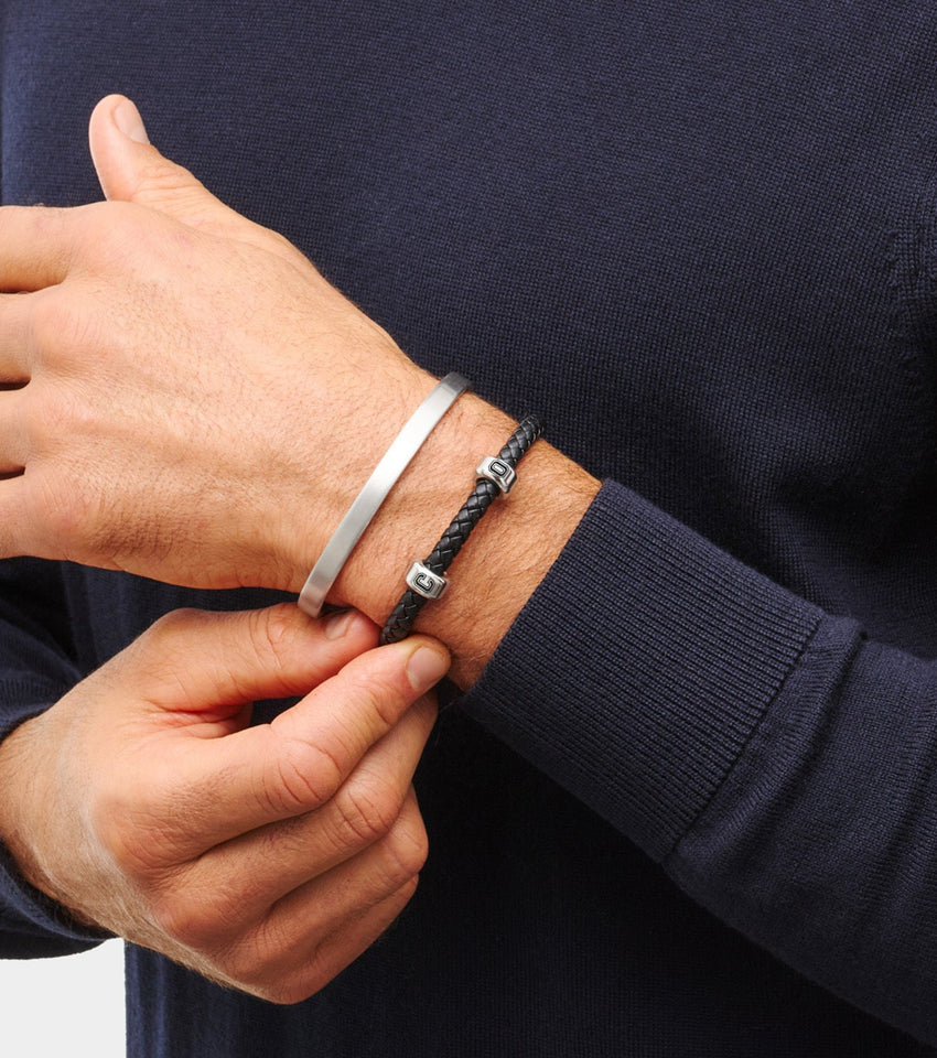 Men's Black Bonded Leather Bracelet (Silver)