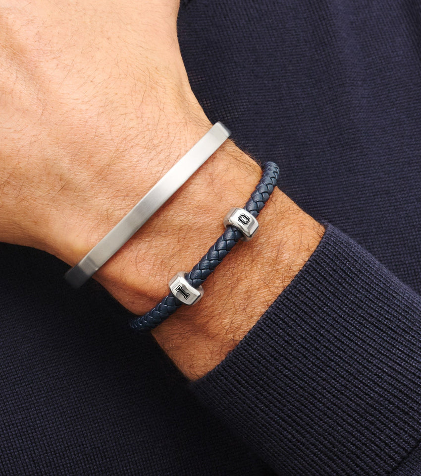 Men's Navy Bonded Leather Bracelet (Silver)