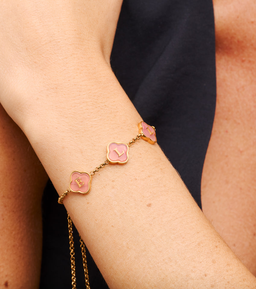 Rose Quartz Clover Custom Name Bracelet (Gold)