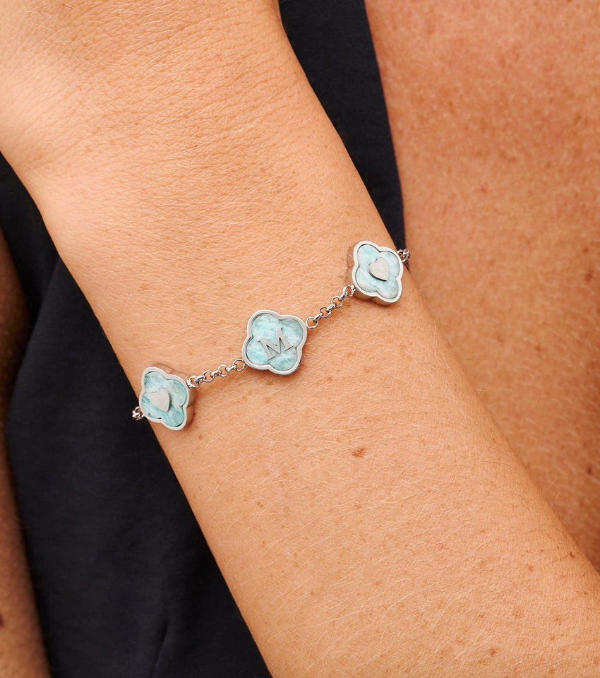 Amazonite Clover Custom Name Bracelet (Silver)