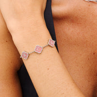 Rose Quartz Clover Custom Name Bracelet (Silver)