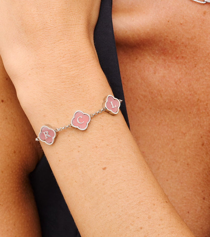 Rose Quartz Clover Custom Name Bracelet (Silver)