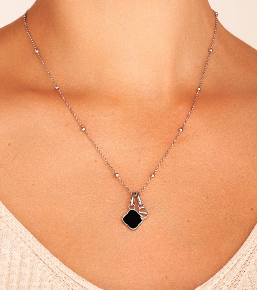 Black Enamel Clover & Initial Necklace (Silver)