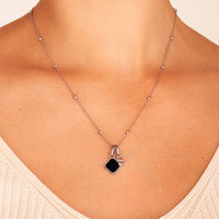 Black Enamel Clover Pendant Necklace (Silver)