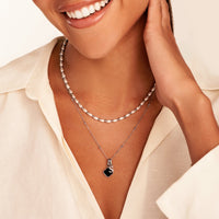 Black Enamel Clover & Initial Necklace (Silver)