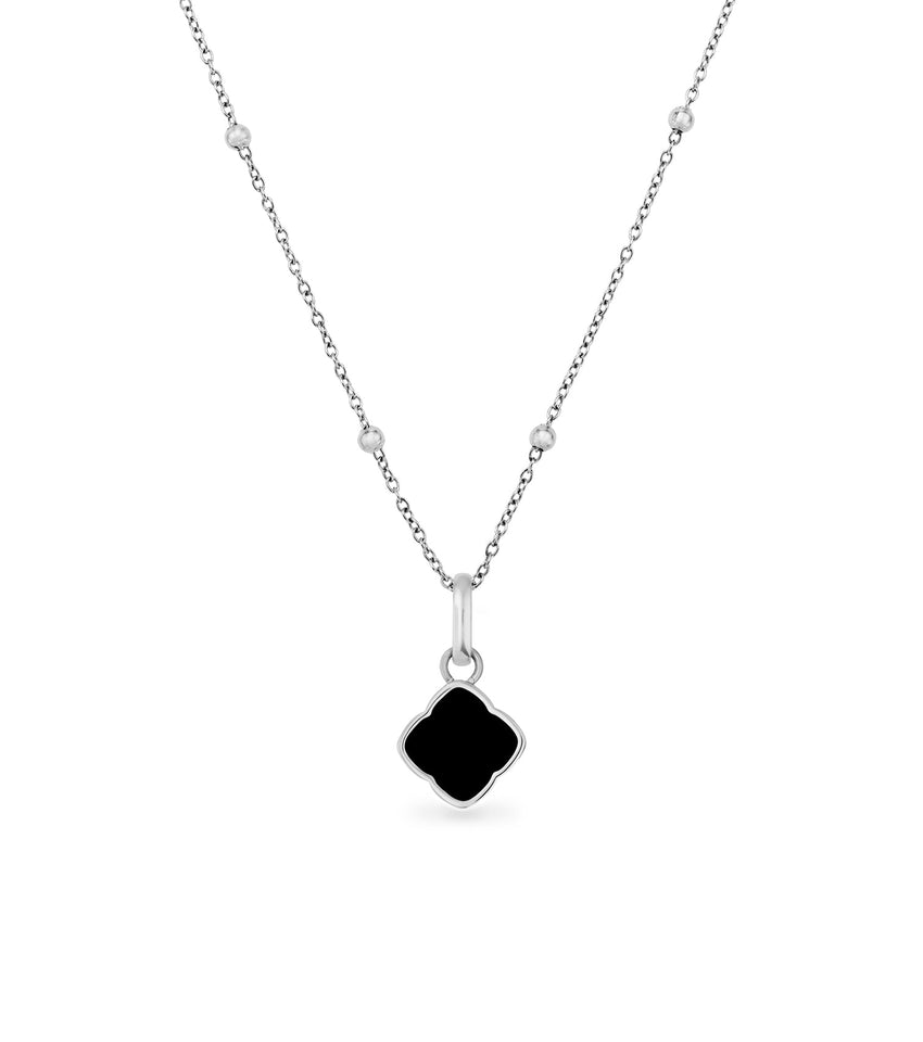 Black Enamel Clover Pendant Necklace (Silver)