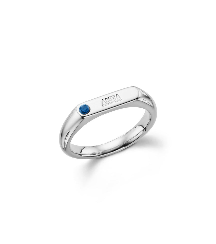 Birthstone Signet Custom Name Ring (Silver)