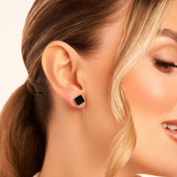 Black Enamel Clover Stud Earrings (Silver)
