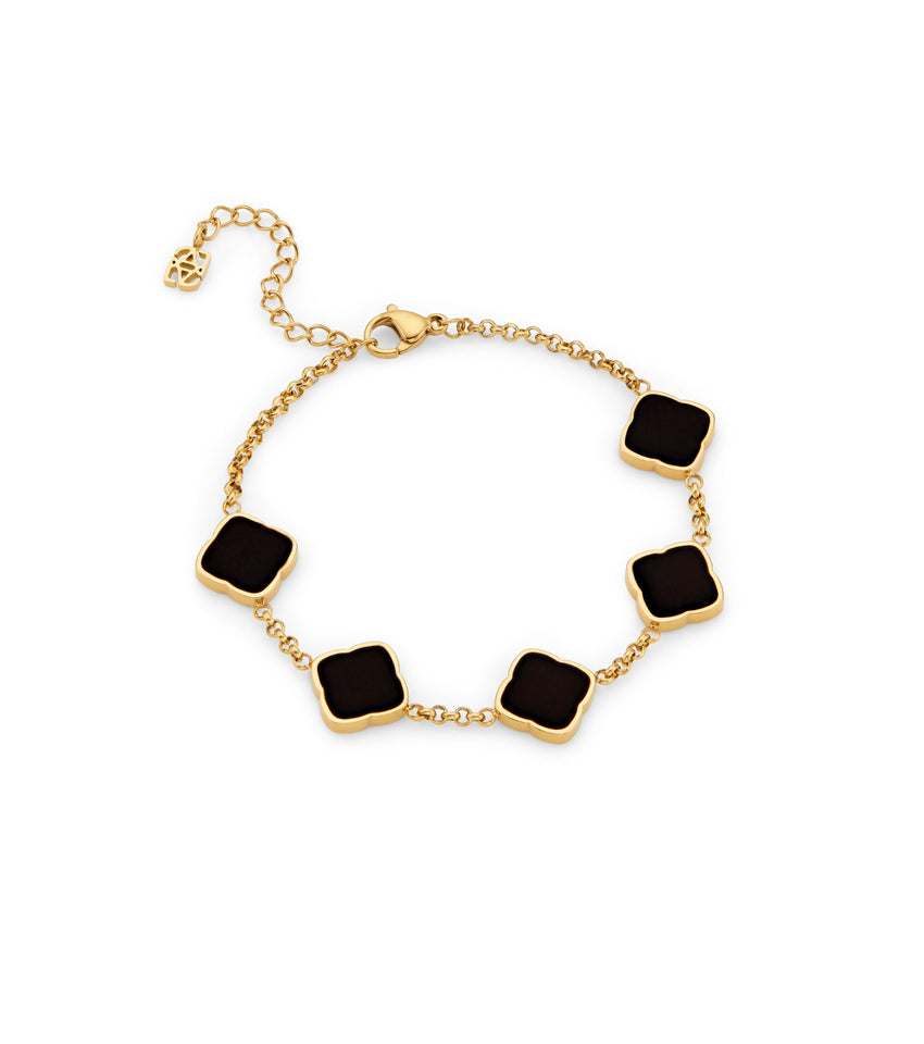 Black Enamel Multi Clover Bracelet (Gold)