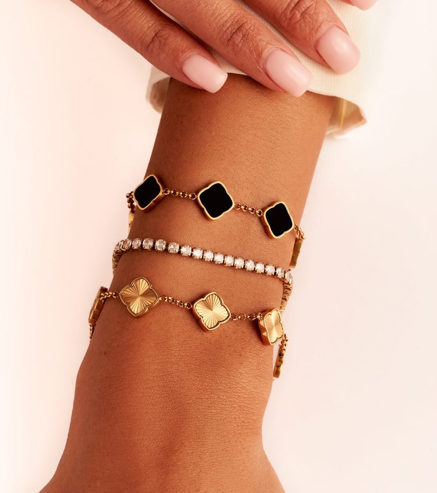 Black Enamel Multi Clover Bracelet (Gold)