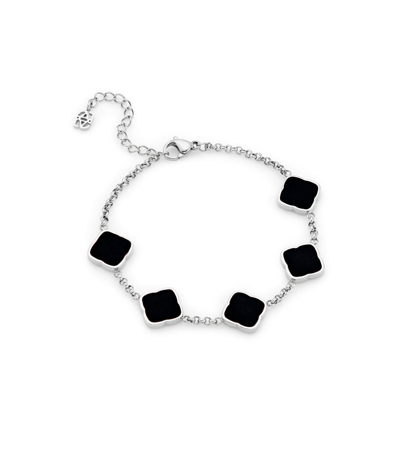 Black Enamel Multi Clover Bracelet (Silver)