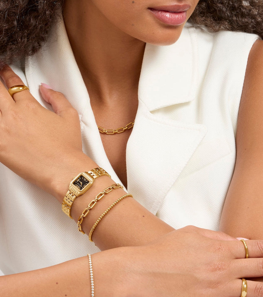 Black Essence Watch & Chain Bracelet Set (Gold)