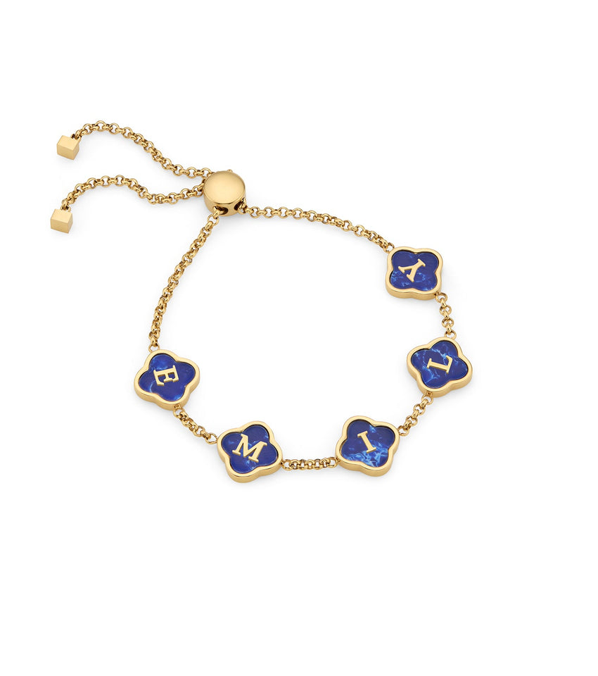 Blue Lace Agate Clover Custom Name Bracelet (Gold)
