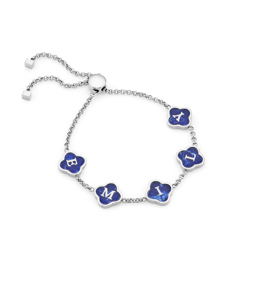 Blue Lace Agate Clover Custom Name Bracelet (Silver)
