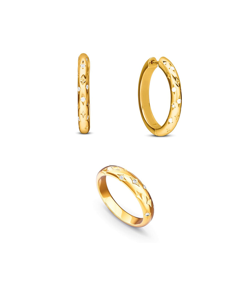 Moon and Back Hoop Earrings & Ring Set (Gold)
