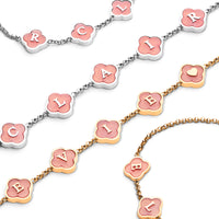 Rose Quartz Clover Custom Name Bracelet (Silver)