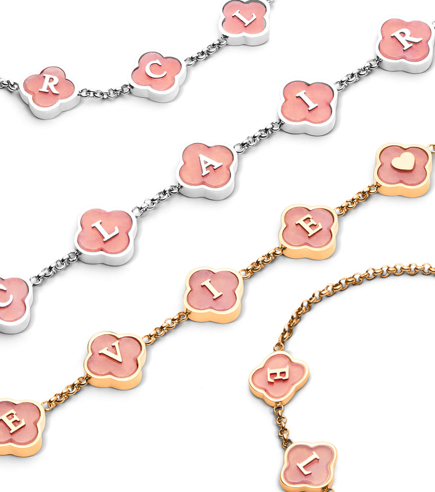 Rose Quartz Clover Custom Name Bracelet (Silver)