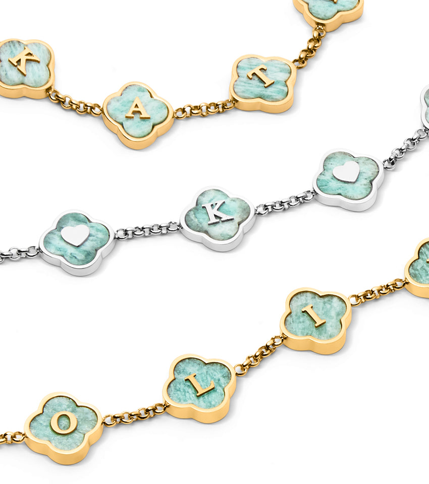 Amazonite Clover Custom Name Bracelet (Gold)