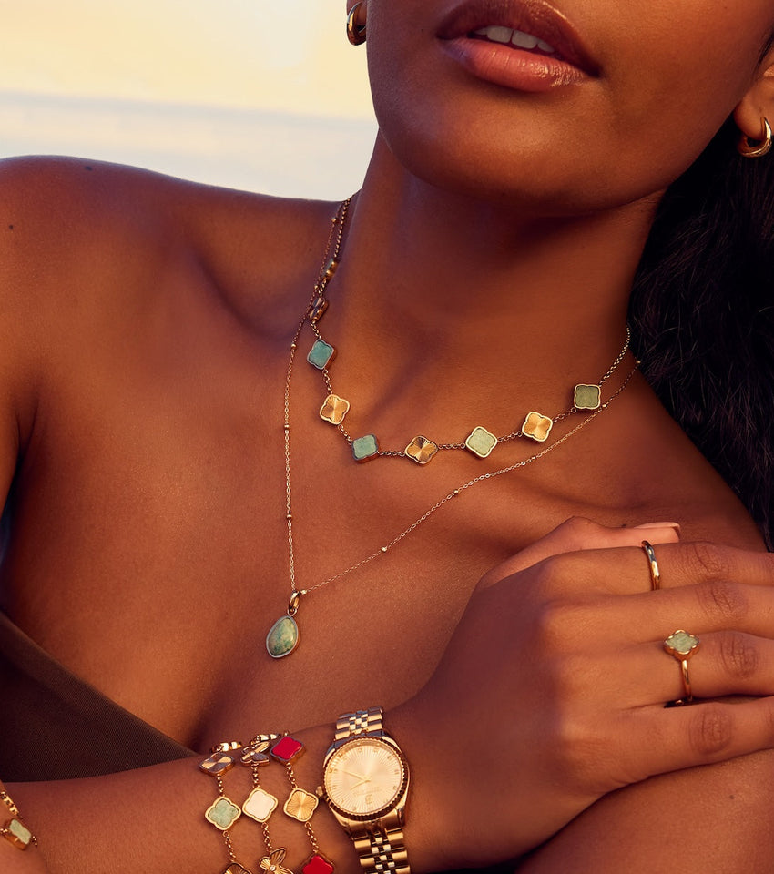 Amazonite & Fluted Clover Necklace (Gold)