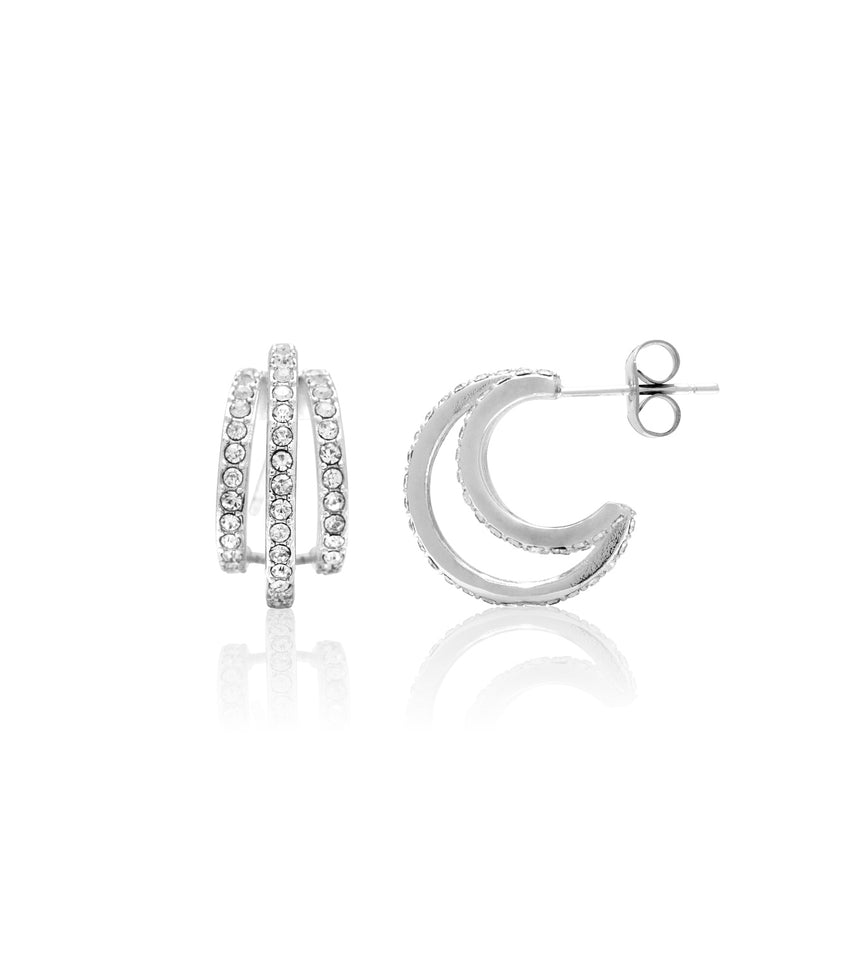 Crystal Triple Band Hoop Earrings (Silver)